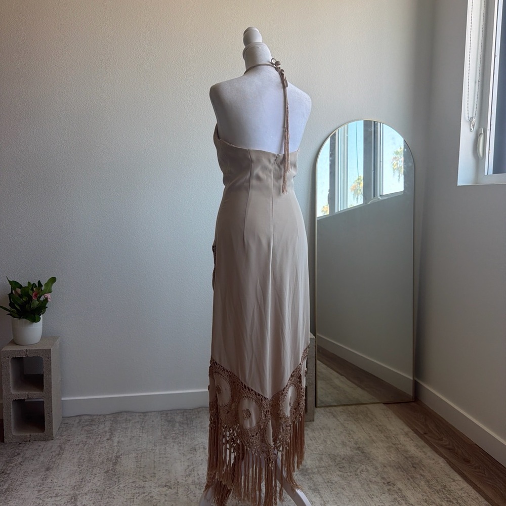 Sue Wong Boho Beige Halter Maxi Dress with Crochet Fringe size 2 - Picture 3 of 6